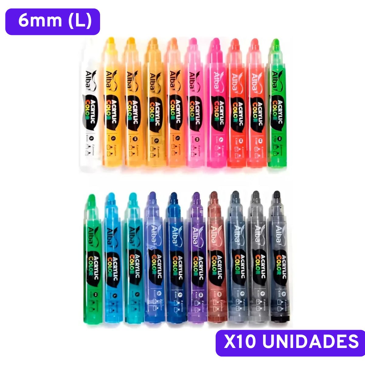 Marcador acrilico alba - 6mm l - recargables set x 10 colores - SET X CANTIDAD 6MM - Alba Artística