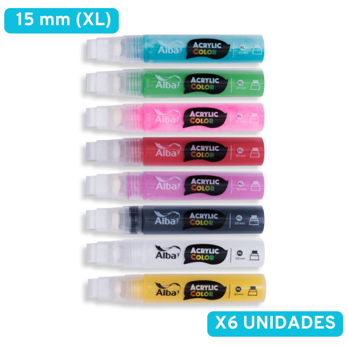 Marcador acrilico alba - 15mm xl - recargables set x 6 colores - SET X CANTIDAD 15MM - Alba Artística
