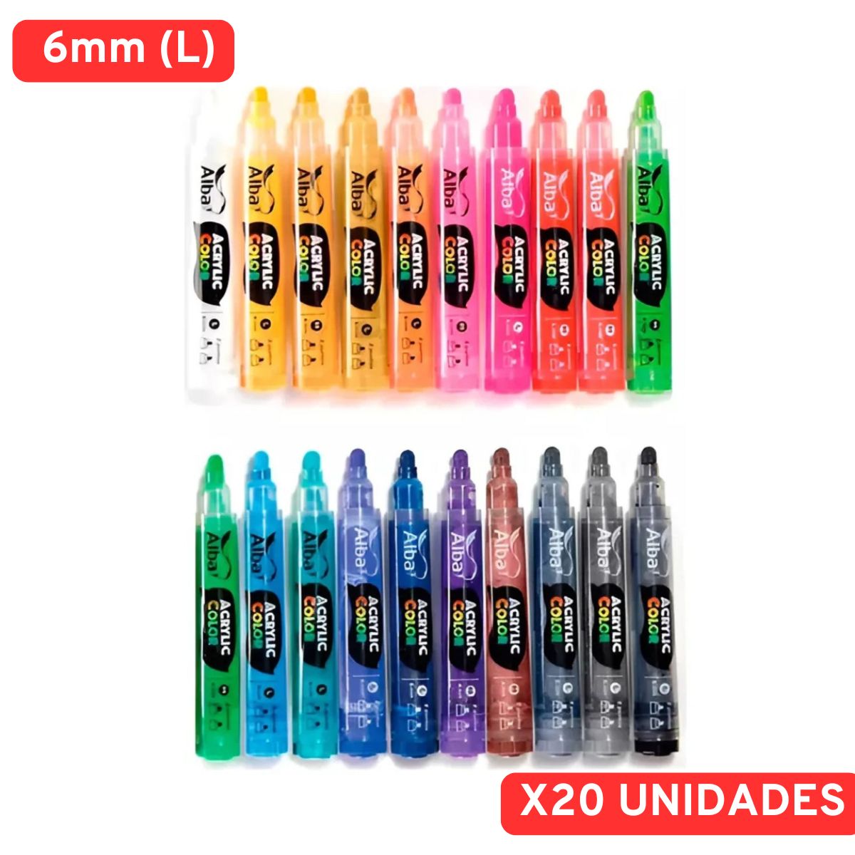 Marcador acrilico alba - 6mm l - recargables set x 20 colores - SET X CANTIDAD 6MM - Alba Artística