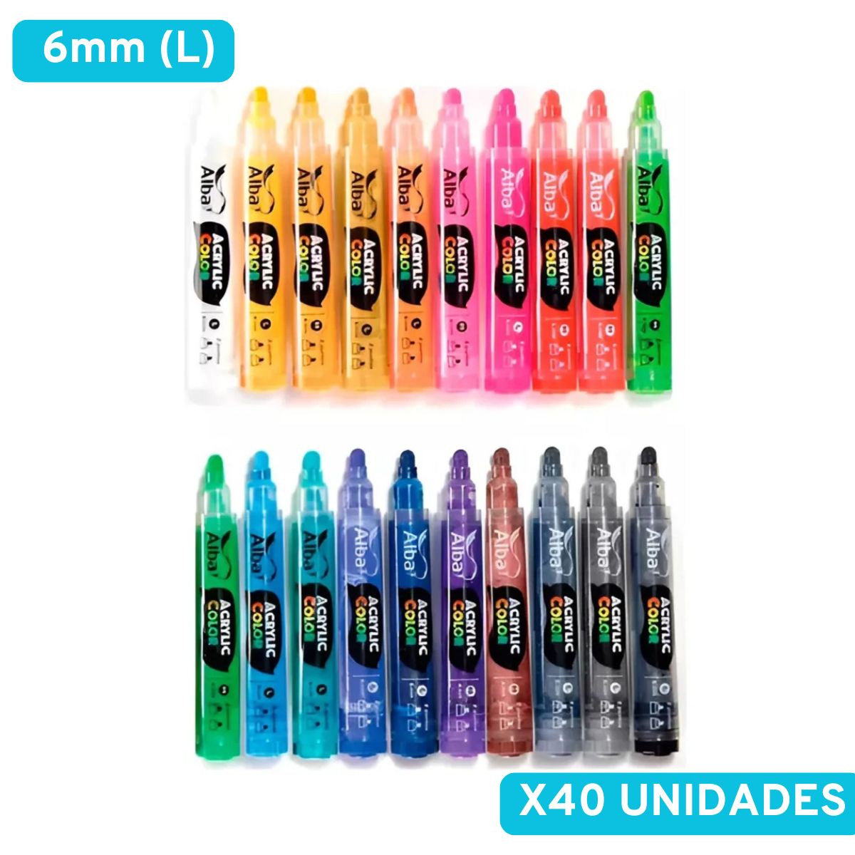 Marcador acrilico alba - 6mm l - recargables set x 40 colores - SET X CANTIDAD 6MM - Alba Artística