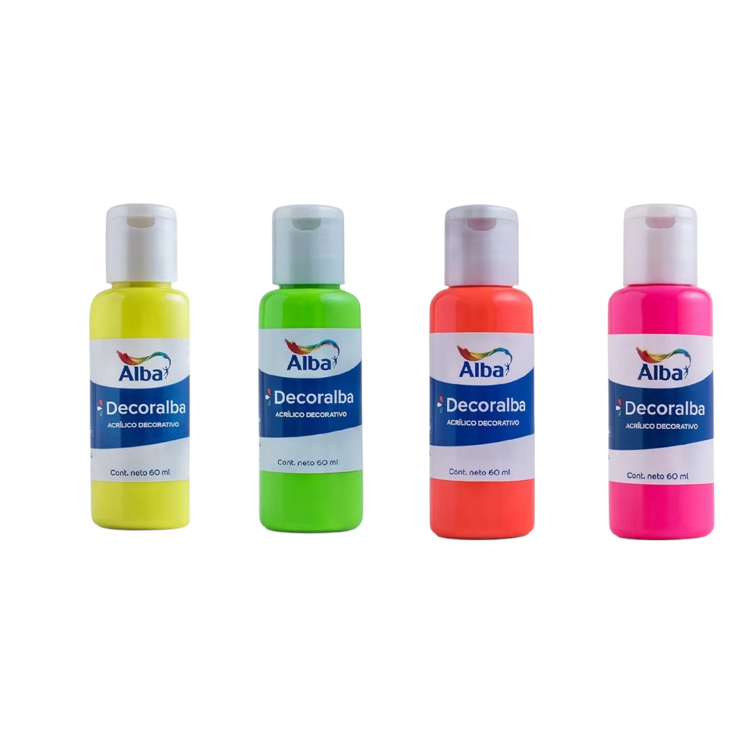 Acrilico decorativo alba 60 ml pack x 4 fluo todos los tonos fluo - SET X CANTIDAD 60ML - Alba Artística